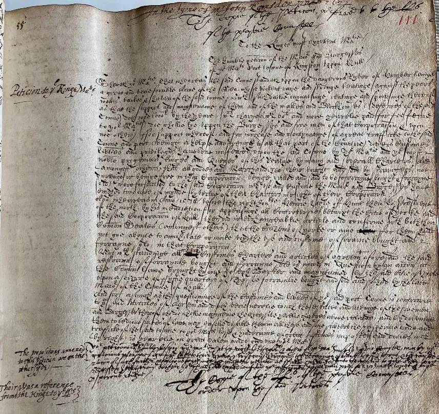 Petition submitted by the town corporation of Hull to the King in 1622 asking for financial assistance in managing flood risk