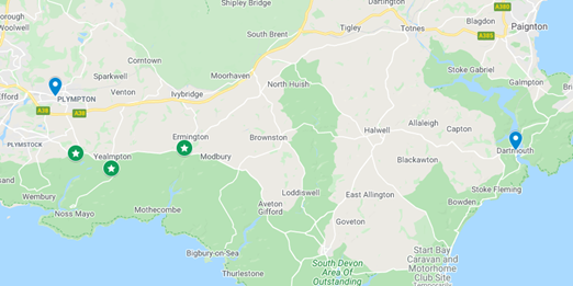 Map of Devon, showing the hometowns of the Strodes and Halswells (in blue) and locations of disputed territories (in green)