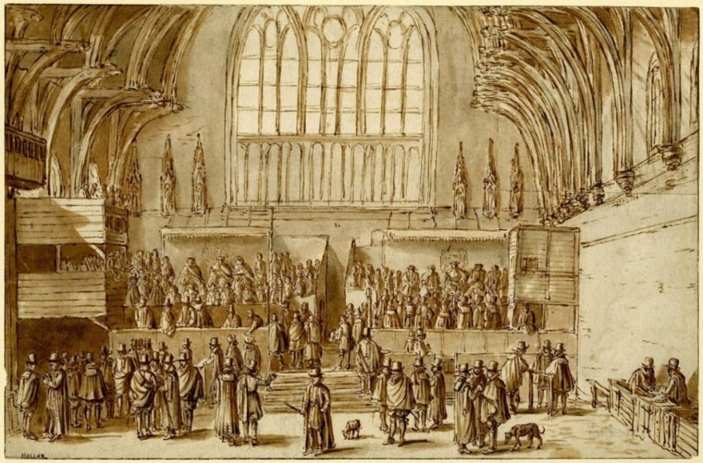 View of the north end of Westminster Hall, showing the Courts of Chancery and King’s Bench in session with lawyers in gowns. The British Museum, early seventeenth century (available under Creative Commons license)